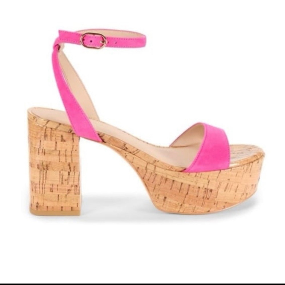 Stuart Weitzman Hot Pink Cork Platform Sandal with Ankle Strap